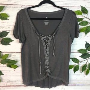 American Eagle Size Medium Lace Up Gray Short Sleeve Soft Sexy Top Corset
